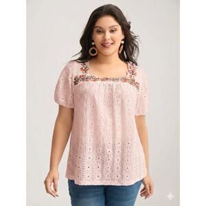 Bloomchic 3X 22-24 Plus Size Eyelet Embroidered Lantern Sleeve Square Blouse Top